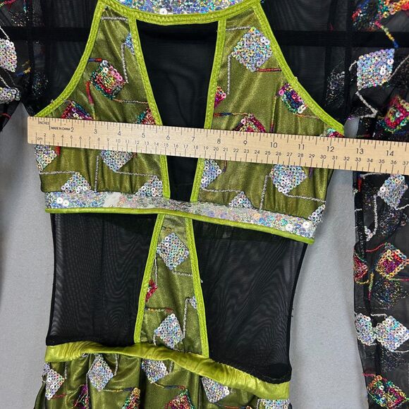 Mara Dancewear Medium Green Sequin Mesh Long Sleeve Alternative Leotard Shorts - Picture 5 of 12
